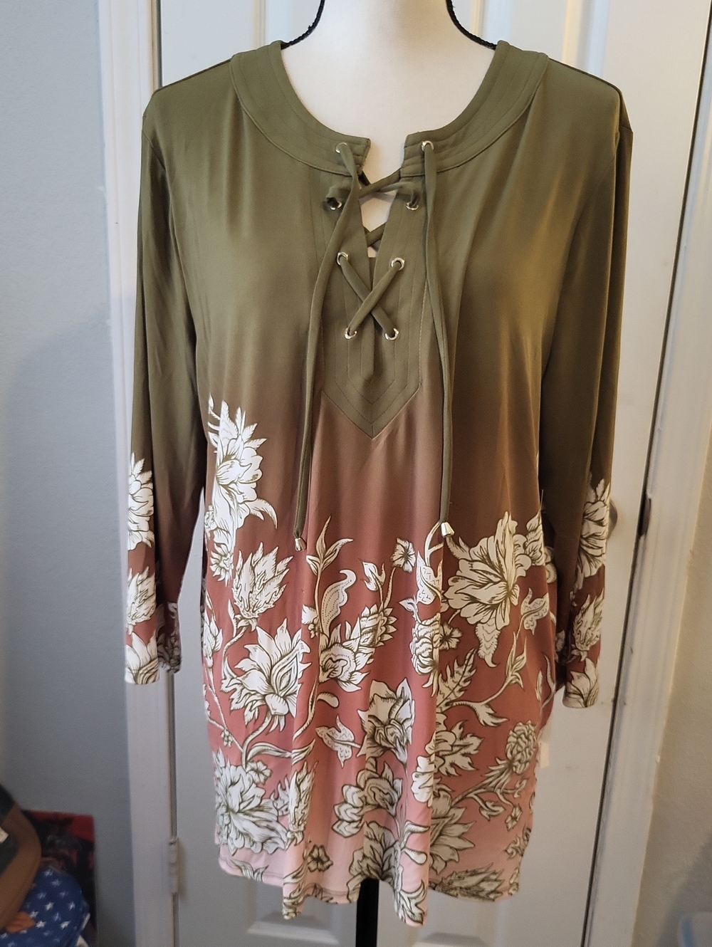 JM Collection Olive and Rose Lace-Up Floral Tunic Dress